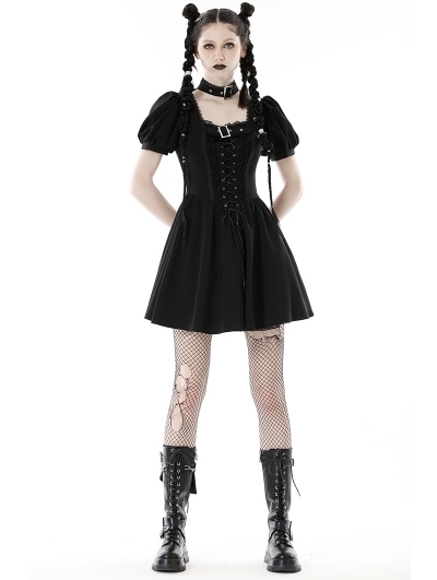 Black Gothic Punk Rock Lace Up Short Puff Sleeve Dress