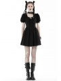 Black Gothic Punk Rock Lace Up Short Puff Sleeve Dress