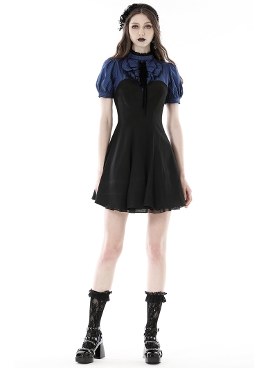 Blue and Black Stripe Daily Gothic Frilly Collar Short Dress