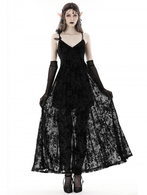 Black Gothic Rose Flocking Maxi Spaghetti Strap Dress