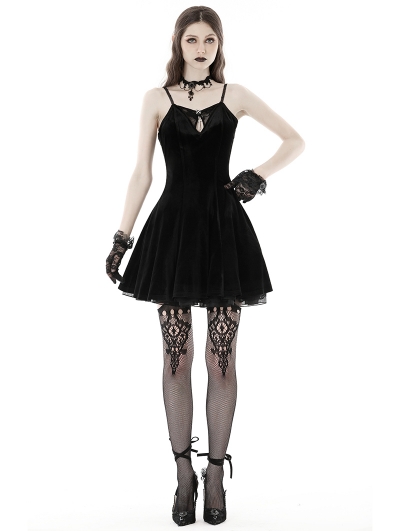Black Gothic Bat Lace Appliqued Back Sexy Strap Short Velvet Dress