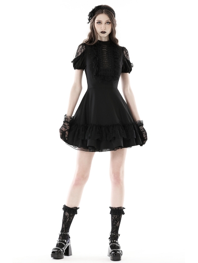 Black Daily Gothic Hollow Out Lace Ruffle Short Dress