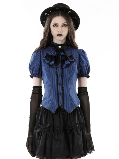 Blue and Black Gothic Stripe Frilly Collar Short Sleeve Blouse for Women