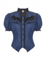 Blue and Black Gothic Stripe Frilly Collar Short Sleeve Blouse for Women