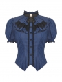 Blue and Black Gothic Stripe Frilly Collar Short Sleeve Blouse for Women