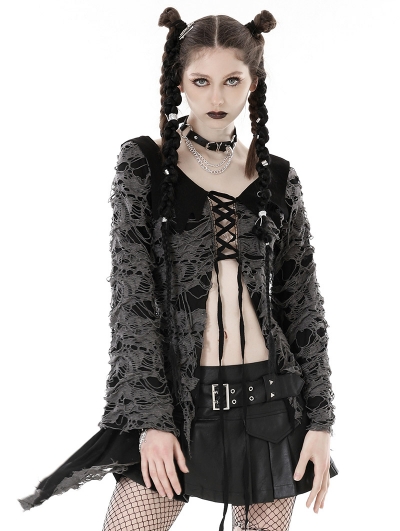 Black and Gray Gothic Decadent Shredded Lace Up Cardigan for Women
