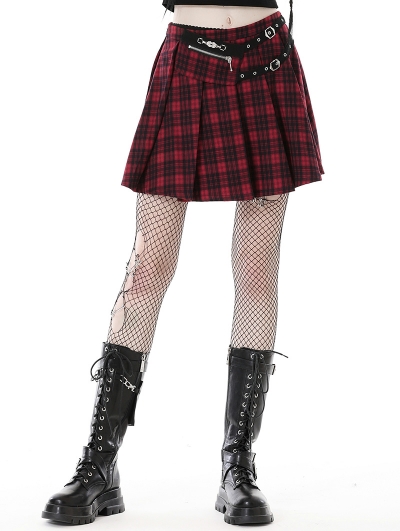Red and Black Plaid Punk Gothic Grunge Pleated Mini Skirt