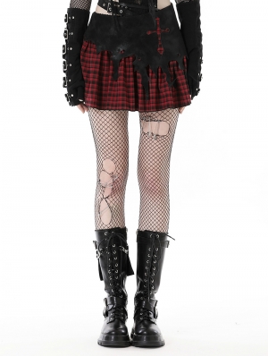 Black and Red Gothic Punk Plaid Cross Mini Skirt