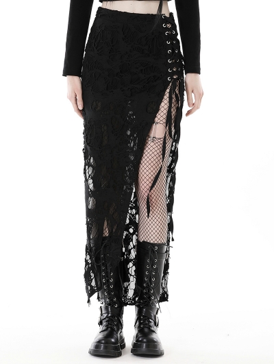 Black Gothic Punk Sexy High Slit Long Shredded Skirt