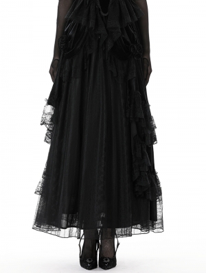 Black Gothic Court Vintage Layered Maxi Velvet Skirt
