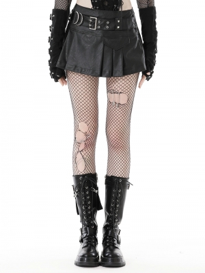 Black Gothic Punk PU Asymmetrical Pleated Mini Skirt