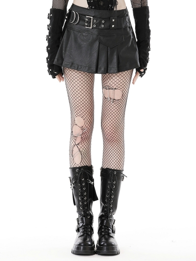 Black Gothic Punk PU Asymmetrical Pleated Mini Skirt