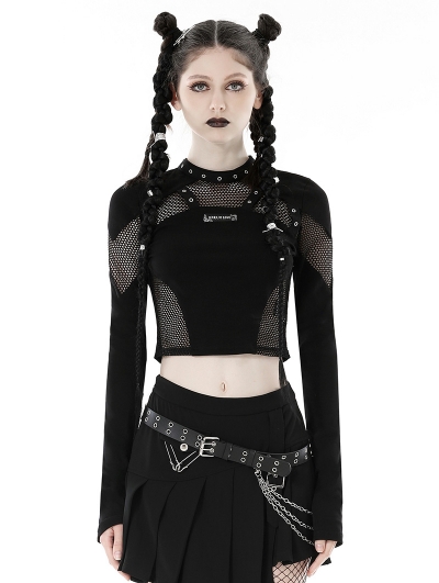Black Gothic Punk Mesh Spliced Long Sleeve Short T-Shirt for Women