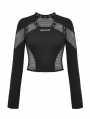 Black Gothic Punk Mesh Spliced Long Sleeve Short T-Shirt for Women