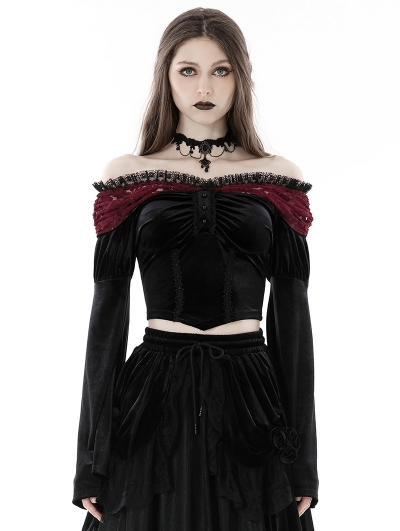 Black and Red Vintage Gothic Lace Off-the-Shoulder Velvet Short Top for Women