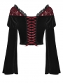 Black and Red Vintage Gothic Lace Off-the-Shoulder Velvet Short Top for Women