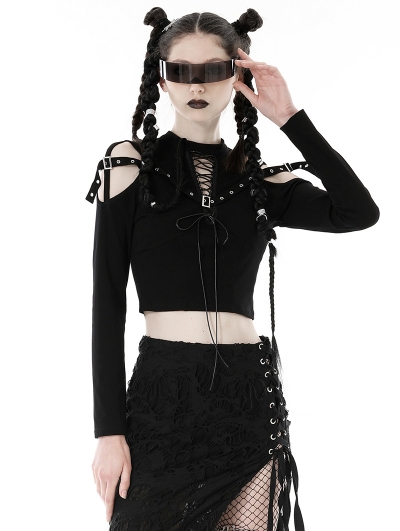 Black Gothic Punk Cold Shoulder Long Sleeve Short T-Shirt for Women