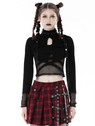 Black Gothic Grunge Mesh See-Through Long Sleeve Short T-Shirt  for Women