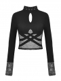 Black Gothic Grunge Mesh See-Through Long Sleeve Short T-Shirt  for Women