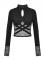 Black Gothic Grunge Mesh See-Through Long Sleeve Short T-Shirt  for Women