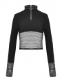 Black Gothic Grunge Mesh See-Through Long Sleeve Short T-Shirt  for Women