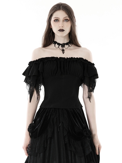 Black Gothic Lady Off-the-Shoulder Ruffle Sleeves Top for Women