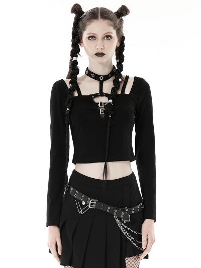 Black Gothic Punk Metal Eyelet Long Sleeve Short T-Shirt for Women