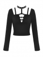 Black Gothic Punk Metal Eyelet Long Sleeve Short T-Shirt for Women