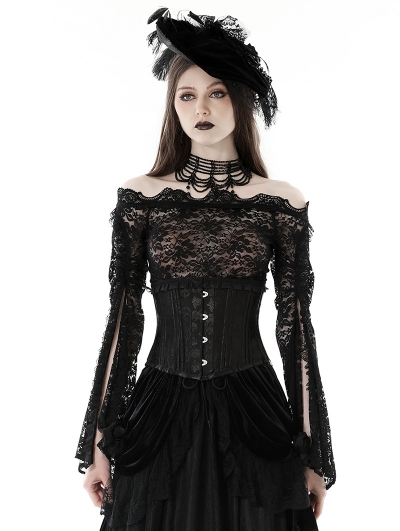 Black Gothic Sexy Lace Off-the-Shoulder Long Sleeve T-Shirt for Women