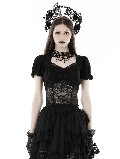 Black Gothic Elegant Sexy See-Through Lace Short Sleeve Top for Women