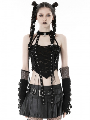 Black Gothic Punk Hole Halter Strappy Crop Top for Women