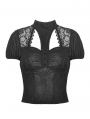 Black Gothi Cutout Lace Pattern Puff Sleeve Top for Women
