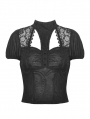 Black Gothi Cutout Lace Pattern Puff Sleeve Top for Women