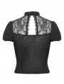 Black Gothi Cutout Lace Pattern Puff Sleeve Top for Women