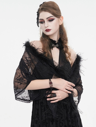 Black Gothic Floral Lace Pattern Faux Fur Trim Cape for Women