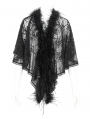 Black Gothic Floral Lace Pattern Faux Fur Trim Cape for Women