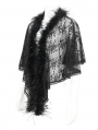 Black Gothic Floral Lace Pattern Faux Fur Trim Cape for Women