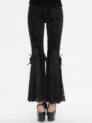 Black Vintage Gothic Velvet Lace Floral Pattern Flared Pants for Women