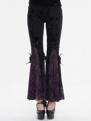 Black and Purple Vintage Gothic Velvet Lace Floral Pattern Flared Pants for Women