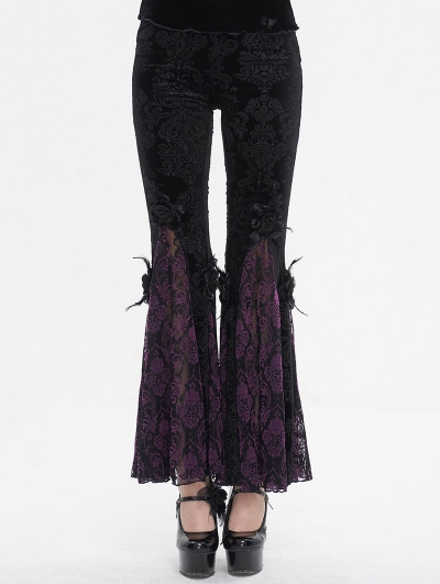 Black and Purple Vintage Gothic Velvet Lace Floral Pattern Flared Pants for Women