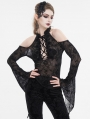 Black Gothic Sexy Halter Cold Shoulder Trumpet Sleeve Top for Women