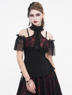 Black and Red Gothic Cold Shoulder Lace Short Sleeve Top for Women