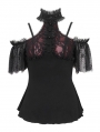 Black and Red Gothic Cold Shoulder Lace Short Sleeve Top for Women
