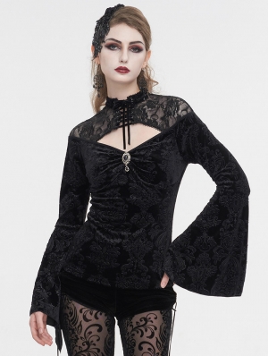Black Vintage Gothic Velvet Hollow Out Long Sleeve Top for Women