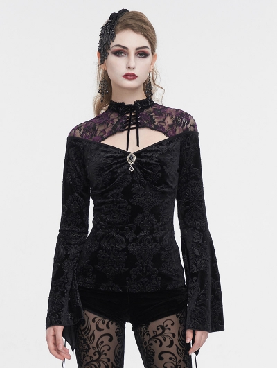 Black and Purple Vintage Gothic Velvet Hollow Out Long Sleeve Top for Women