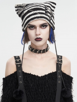 Black and White Gothic Grunge Striped Crochet Cat Beanie Hat