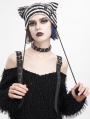 Black and White Gothic Grunge Striped Crochet Cat Beanie Hat