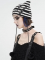 Black and White Gothic Grunge Striped Crochet Cat Beanie Hat