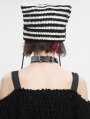 Black and White Gothic Grunge Striped Crochet Cat Beanie Hat
