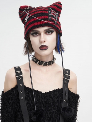 Black and Red Gothic Grunge Striped Crochet Cat Beanie Hat